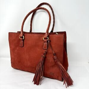 Patricia Nash Cognac Suede Leather Tote Tassel Fringe Brown Handbag Purse